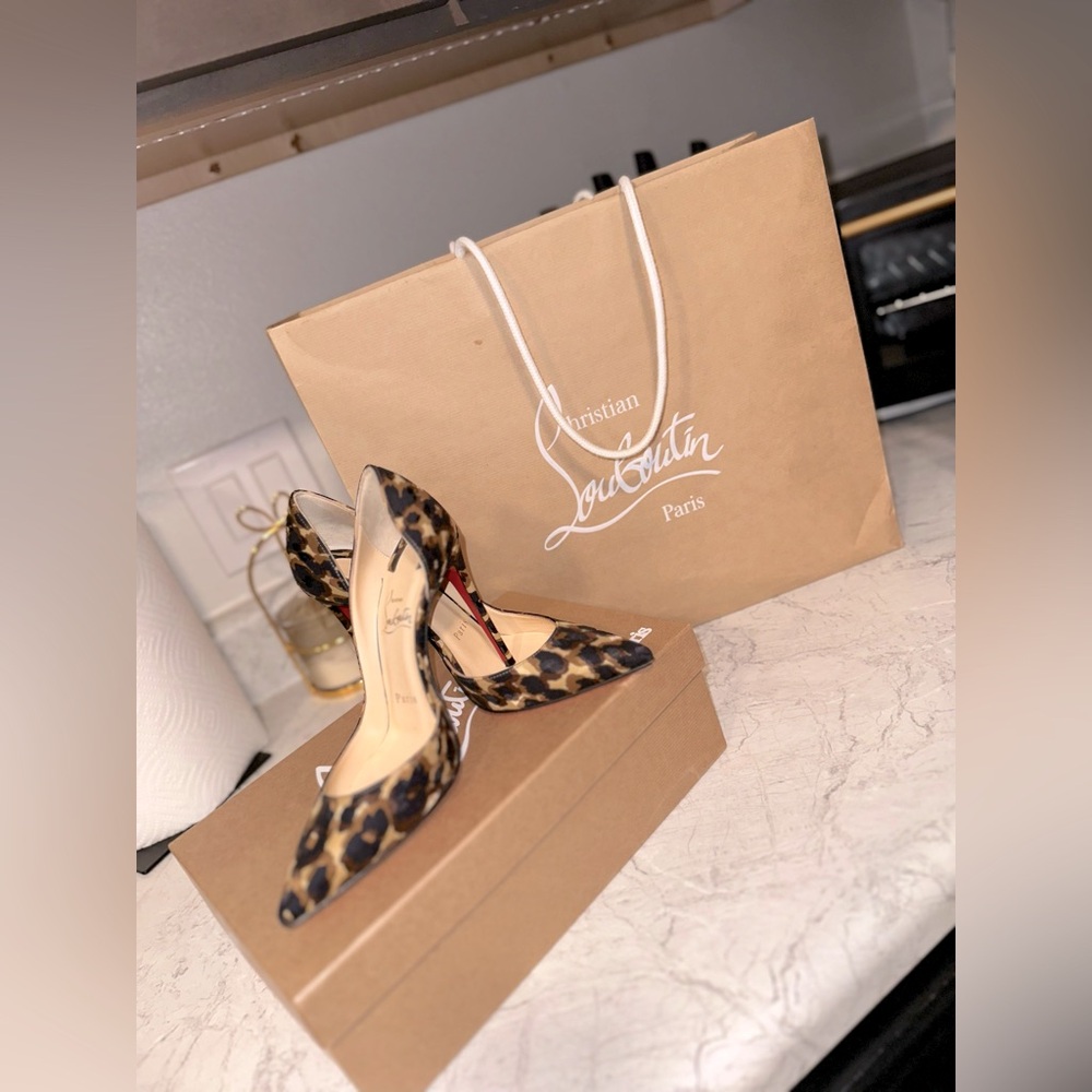Christian Louboutin Iriza 100 Black Brown Silk Soie Leopard Sandal Heels